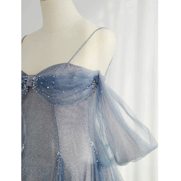 A Line Off The Shoulder Blue Sequin Tulle Long Length Evening Dress Prom Dresses SD2793